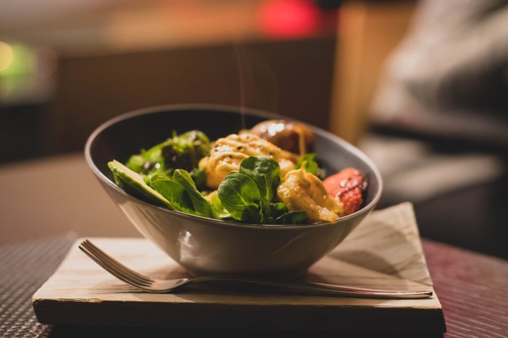A colorful salad packed with vegetables, grains and protein