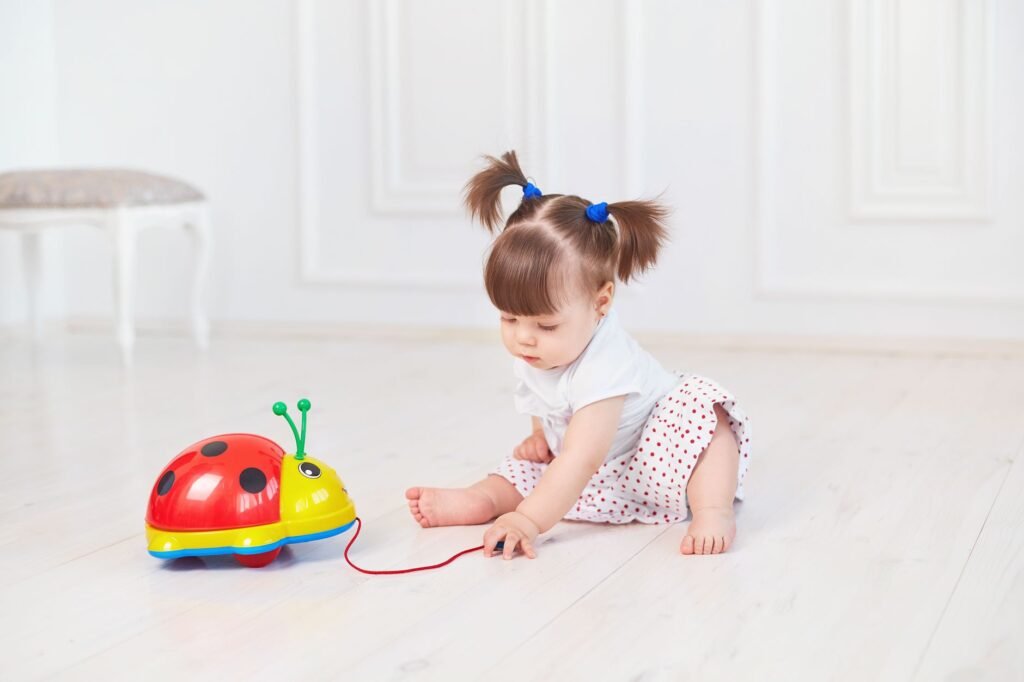 A curious toddler playing happily at home