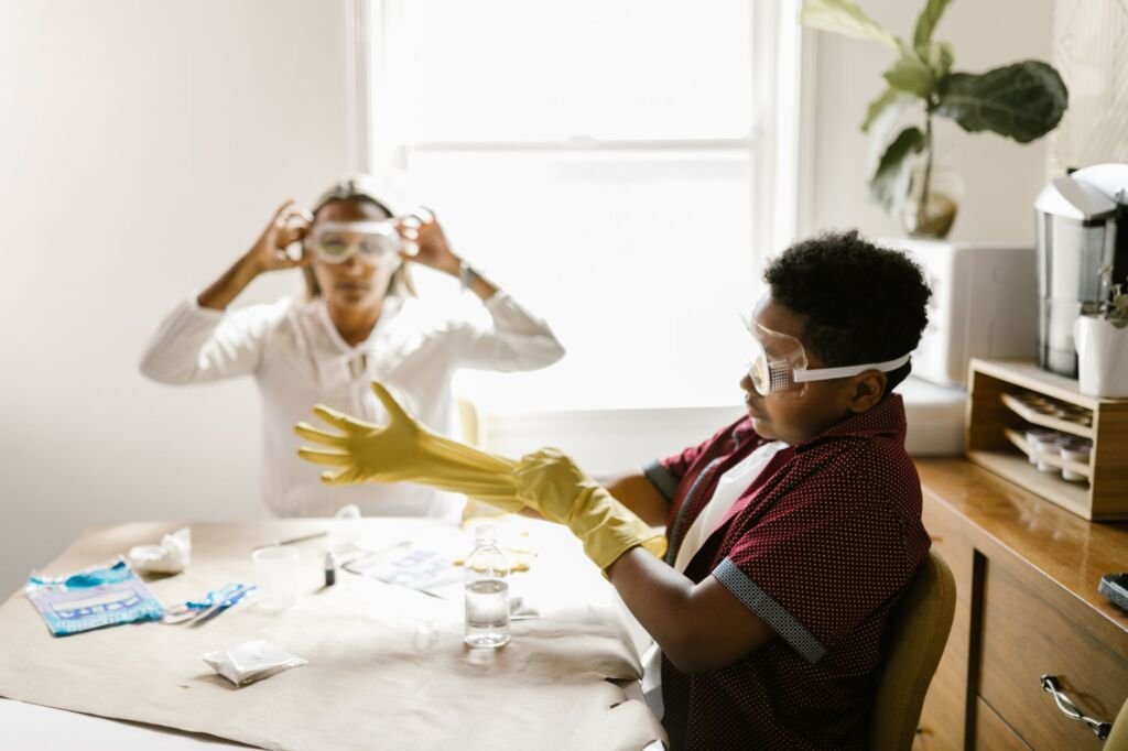 Family working together on an exciting science project
