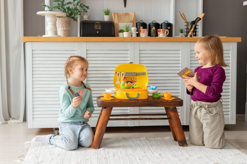Pretend play with toy kitchens and dress-up clothes builds language and social skills