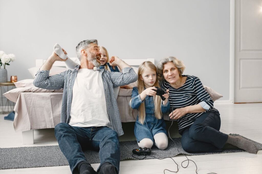 A family enjoying a lively board game night together