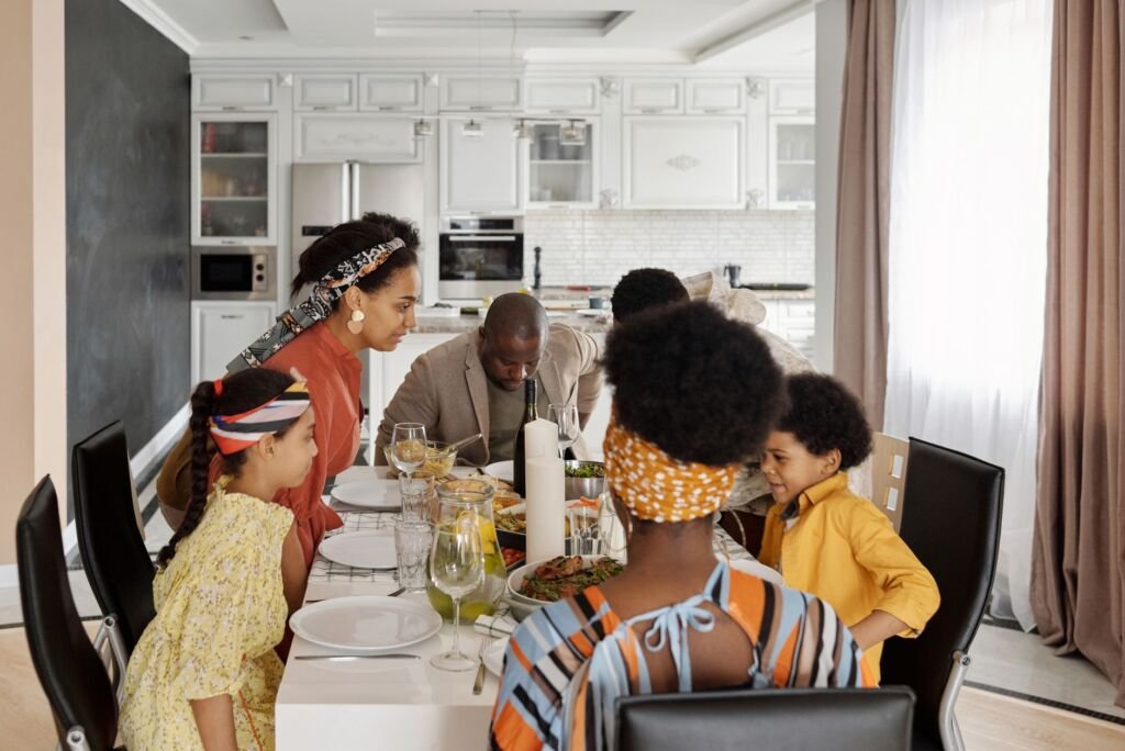 A joyful family enjoying a meal together at home